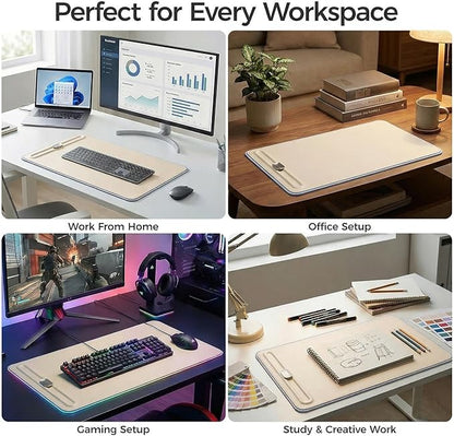 Desk Mat – Double - Sided Vegan Leather & Felt | Built - In Magnetic Cable Organizer & File Storage | Premium Workspace Pad for Office, Gaming & Creative Professionals - （Beige） | Desk Pads Blotters - TrueDesk