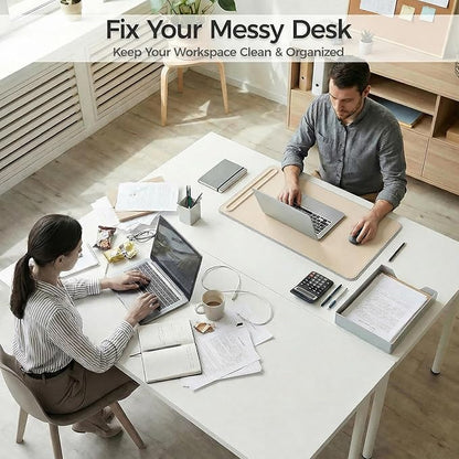 Desk Mat – Double - Sided Vegan Leather & Felt | Built - In Magnetic Cable Organizer & File Storage | Premium Workspace Pad for Office, Gaming & Creative Professionals - （Beige） | Desk Pads Blotters - TrueDesk