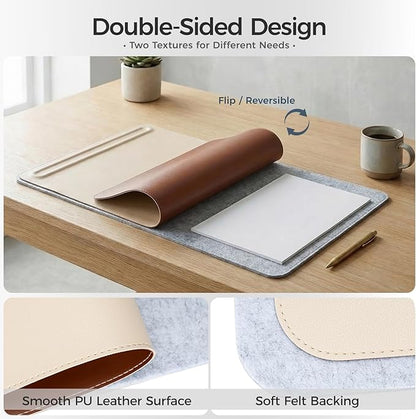 Desk Mat – Double - Sided Vegan Leather & Felt | Built - In Magnetic Cable Organizer & File Storage | Premium Workspace Pad for Office, Gaming & Creative Professionals - （Beige） | Desk Pads Blotters - TrueDesk