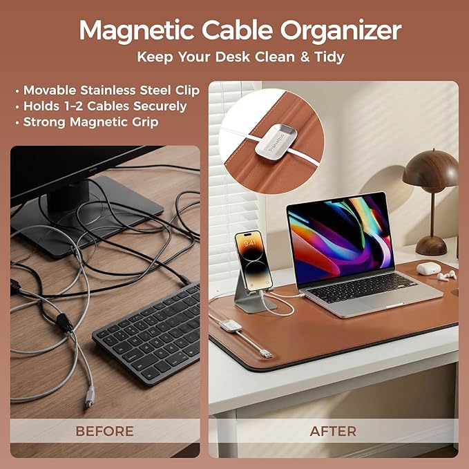 Desk Mat – Double - Sided Vegan Leather & Felt | Built - In Magnetic Cable Organizer & File Storage | Premium Workspace Pad for Office, Gaming & Creative Professionals - （Brown） | Desk Pads Blotters - TrueDesk