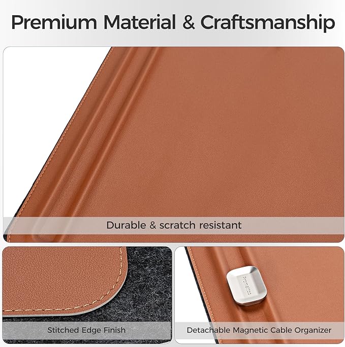 Desk Mat – Double - Sided Vegan Leather & Felt | Built - In Magnetic Cable Organizer & File Storage | Premium Workspace Pad for Office, Gaming & Creative Professionals - （Brown） | Desk Pads Blotters - TrueDesk