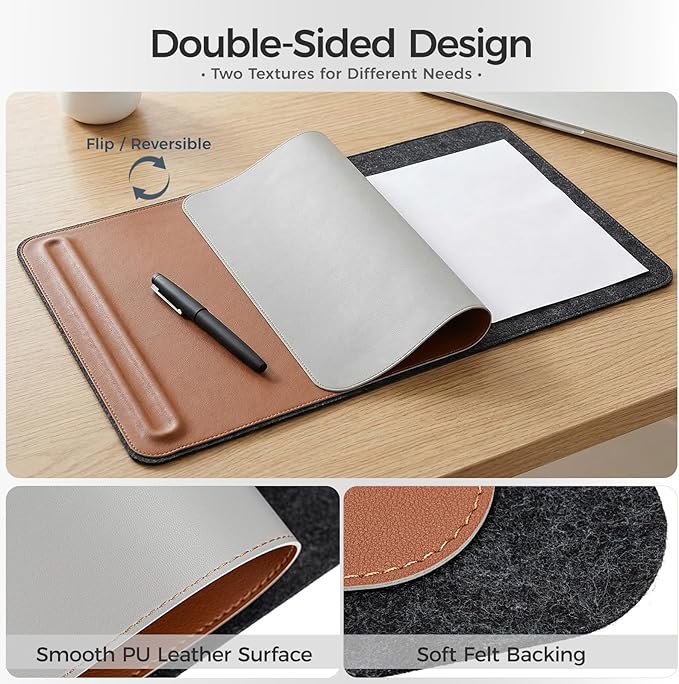 Desk Mat – Double - Sided Vegan Leather & Felt | Built - In Magnetic Cable Organizer & File Storage | Premium Workspace Pad for Office, Gaming & Creative Professionals - （Brown） | Desk Pads Blotters - TrueDesk