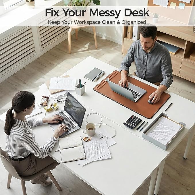 Desk Mat – Double - Sided Vegan Leather & Felt | Built - In Magnetic Cable Organizer & File Storage | Premium Workspace Pad for Office, Gaming & Creative Professionals - （Brown） | Desk Pads Blotters - TrueDesk
