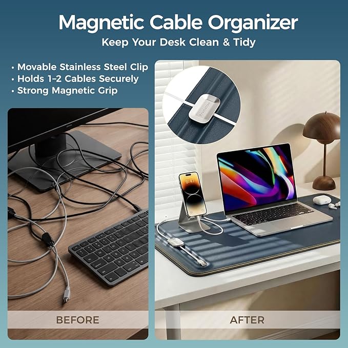 Desk Mat – Double - Sided Vegan Leather & Felt | Built - In Magnetic Cable Organizer & File Storage | Premium Workspace Pad for Office, Gaming & Creative Professionals - （Green） | Desk Pads Blotters - TrueDesk