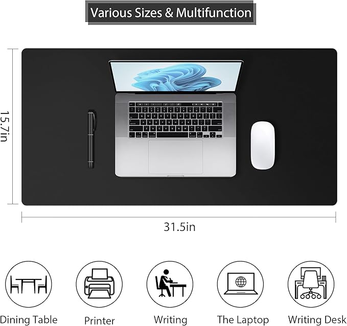Desk Pad Protector Mouse Pad, Non - slip Computer Mat for Desk, PU Leather Office Desk Mat, Waterproof Desk Pad for Keyboard and Mouse, Laptop Desk Blotter Pad for Home and Office, Black (15.7''X31.5'') | Desk Pads Blotters - TrueDesk