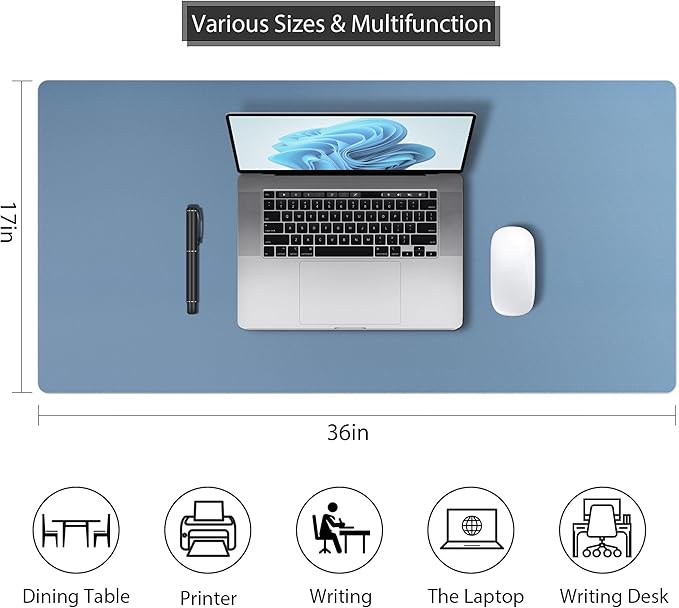 Desk Pad Protector Mouse Pad, Non - Slip Computer Mat, PU Leather Office Desk Mat, Waterproof Desk Pad for Keyboard and Mouse, Laptop Desk Blotter Pad for Home and Office, Denim Blue (17''X36'') | Desk Pads Blotters - TrueDesk