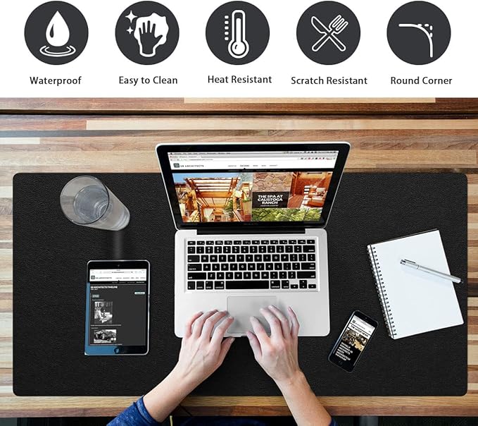 Desk Protector - Non - Slip PVC Leather Office Mat for Desktop - Waterproof Writing Pad (Black, 14" x 30") | Desk Pads Blotters - TrueDesk