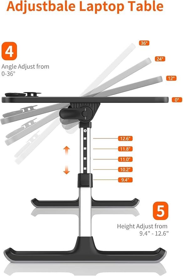 Desk, Table, SAIJI Adjustable Laptop Stand, Breakfast Tray, 5 Heights, 4 Angles, Stable Folding Table for Bed Sofa Desk, Suitable for Laptops up to 17 Inches (60 x 33 cm Black) | Lap Desks - TrueDesk