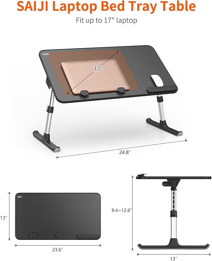 Desk, Table, SAIJI Adjustable Laptop Stand, Breakfast Tray, 5 Heights, 4 Angles, Stable Folding Table for Bed Sofa Desk, Suitable for Laptops up to 17 Inches (60 x 33 cm Black) | Lap Desks - TrueDesk