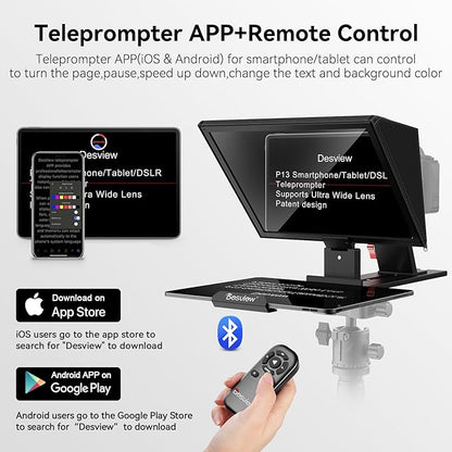 Desview P13 Portable Teleprompter for Camera Compatible with 12.9" Tablets Wireless Remote Control Foldable Sun Hood Lightweight (1.7kg) for Video Recording Vlogging Live Streaming | Teleprompters - TrueDesk