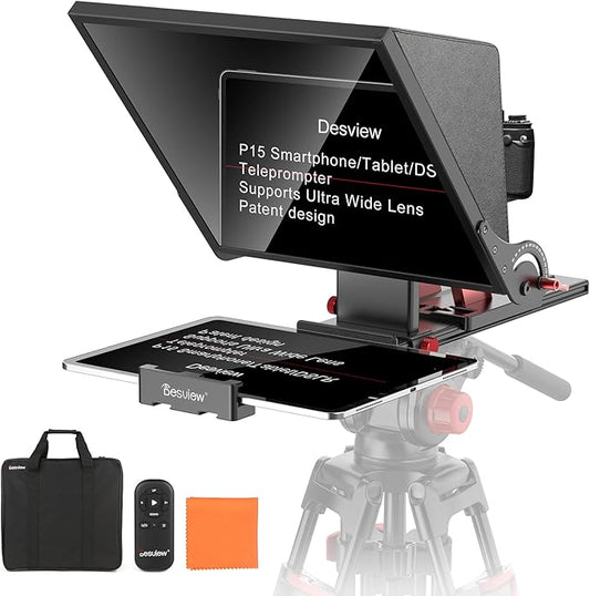 Desview P15 Teleprompter 15 inch Professional Prompter with HD Glass & Adjustable Mirror Compatible with DSLR Cameras Smartphones Tablets for Video Recording Live Streaming | Teleprompters - TrueDesk