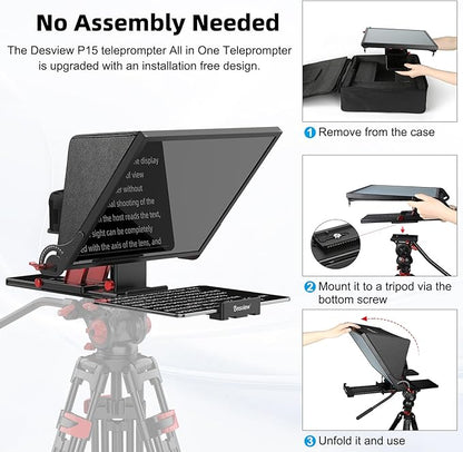 Desview P15 Teleprompter 15 inch Professional Prompter with HD Glass & Adjustable Mirror Compatible with DSLR Cameras Smartphones Tablets for Video Recording Live Streaming | Teleprompters - TrueDesk