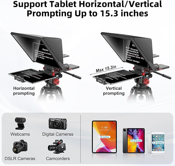 Desview P15 Teleprompter 15 inch Professional Prompter with HD Glass & Adjustable Mirror Compatible with DSLR Cameras Smartphones Tablets for Video Recording Live Streaming | Teleprompters - TrueDesk