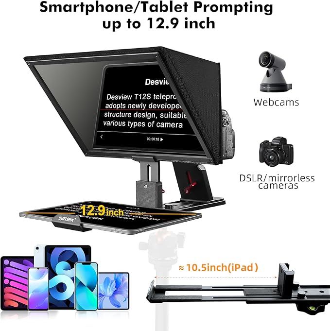 Desview T12S Teleprompter 12.9 inch Metal Teleprompter High Display Glass Compatible with Smartphone Tablet ipad Camera Easy Assembly Carry Case Included Great Partner for Video Making | Teleprompters - TrueDesk