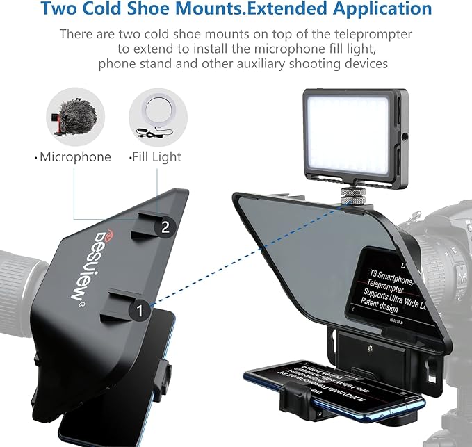 Desview T3 Portable Teleprompter for iPad Tablet iPhone up to 10 inch High Definition 70/30 Beam Splitter Glass with Remote Control for DSLR Camera Smartphone Video Recording (9 Lens Adapter Ring) | Teleprompters - TrueDesk
