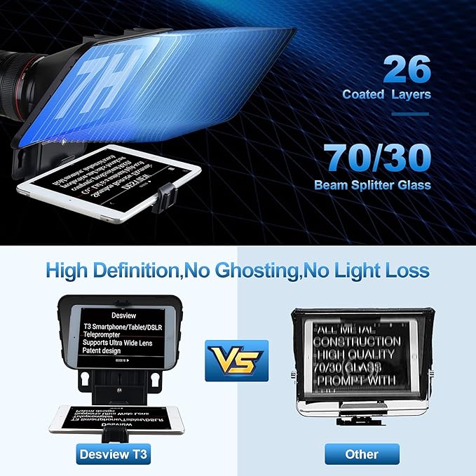 Desview T3 Portable Teleprompter for iPad Tablet iPhone up to 10 inch High Definition 70/30 Beam Splitter Glass with Remote Control for DSLR Camera Smartphone Video Recording (9 Lens Adapter Ring) | Teleprompters - TrueDesk