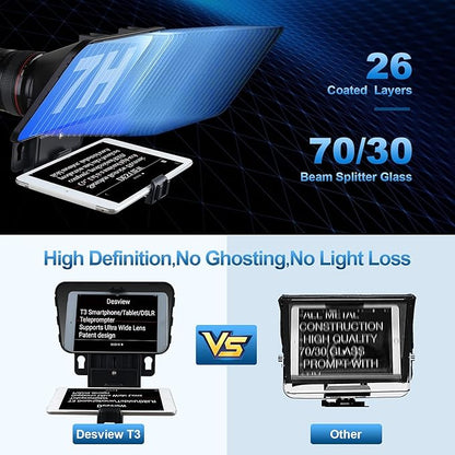Desview T3 Portable Teleprompter for iPad Tablet iPhone up to 10 inch High Definition 70/30 Beam Splitter Glass with Remote Control for DSLR Camera Smartphone Video Recording (9 Lens Adapter Ring) | Teleprompters - TrueDesk