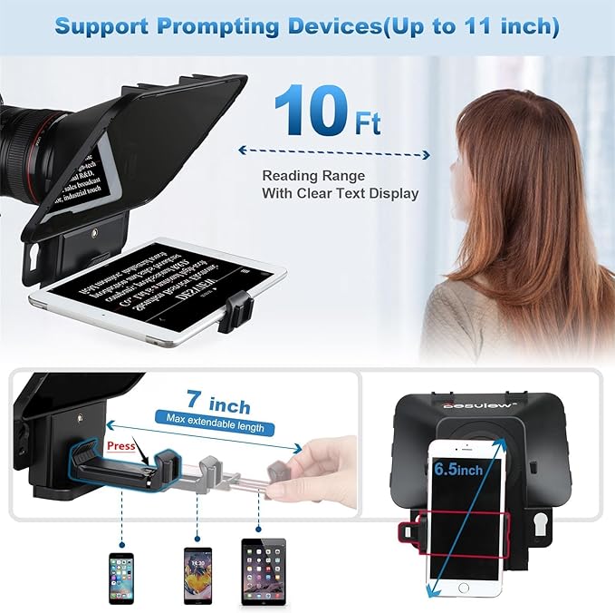 Desview T3 Portable Teleprompter for iPad Tablet iPhone up to 10 inch High Definition 70/30 Beam Splitter Glass with Remote Control for DSLR Camera Smartphone Video Recording (9 Lens Adapter Ring) | Teleprompters - TrueDesk