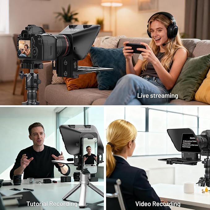 Desview T3 Teleprompter Teleprompter with Remote Control Work with iPad/Tablet/Smartphone up to 10 inch High Display Mirror Support Wide Angle Lens Great Partner for Live Streaming | Teleprompters - TrueDesk