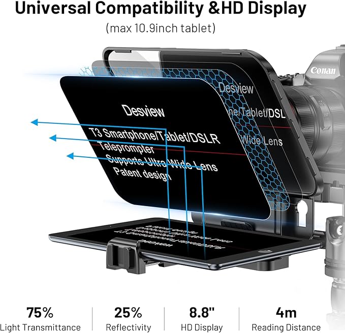 Desview T3 Teleprompter Teleprompter with Remote Control Work with iPad/Tablet/Smartphone up to 10 inch High Display Mirror Support Wide Angle Lens Great Partner for Live Streaming | Teleprompters - TrueDesk