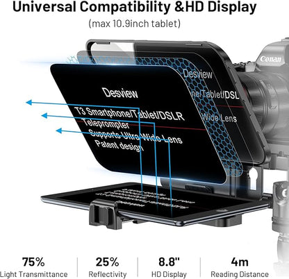 Desview T3 Teleprompter Teleprompter with Remote Control Work with iPad/Tablet/Smartphone up to 10 inch High Display Mirror Support Wide Angle Lens Great Partner for Live Streaming | Teleprompters - TrueDesk