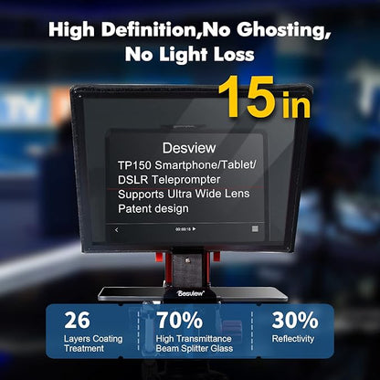 Desview TP150 teleprompter 15 inch High Display Mirror Aluminum Alloy Teleprompter with Remote Control Compatible with ipad DSLR Camcorders Easy Assembly with Carry Case for Video Making | Teleprompters - TrueDesk