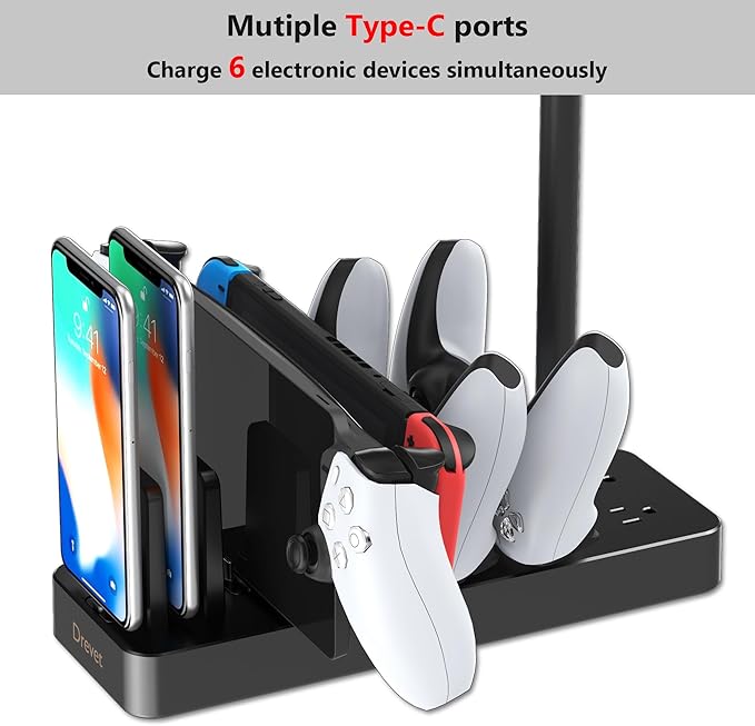 Drevet Charging Station for Multiple Devices, 6 Port USB C Fast Charger Station with 2 AC Outlets and Headset Stand, USB Charging Dock Compatible with Cellphone, Tablet, Kindle, iPhone, iPad and More | Charging Stations - TrueDesk