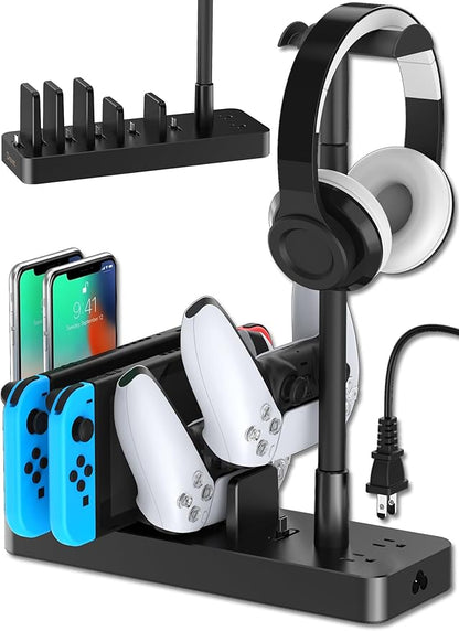 Drevet Charging Station for Multiple Devices, 6 Port USB C Fast Charger Station with 2 AC Outlets and Headset Stand, USB Charging Dock Compatible with Cellphone, Tablet, Kindle, iPhone, iPad and More | Charging Stations - TrueDesk