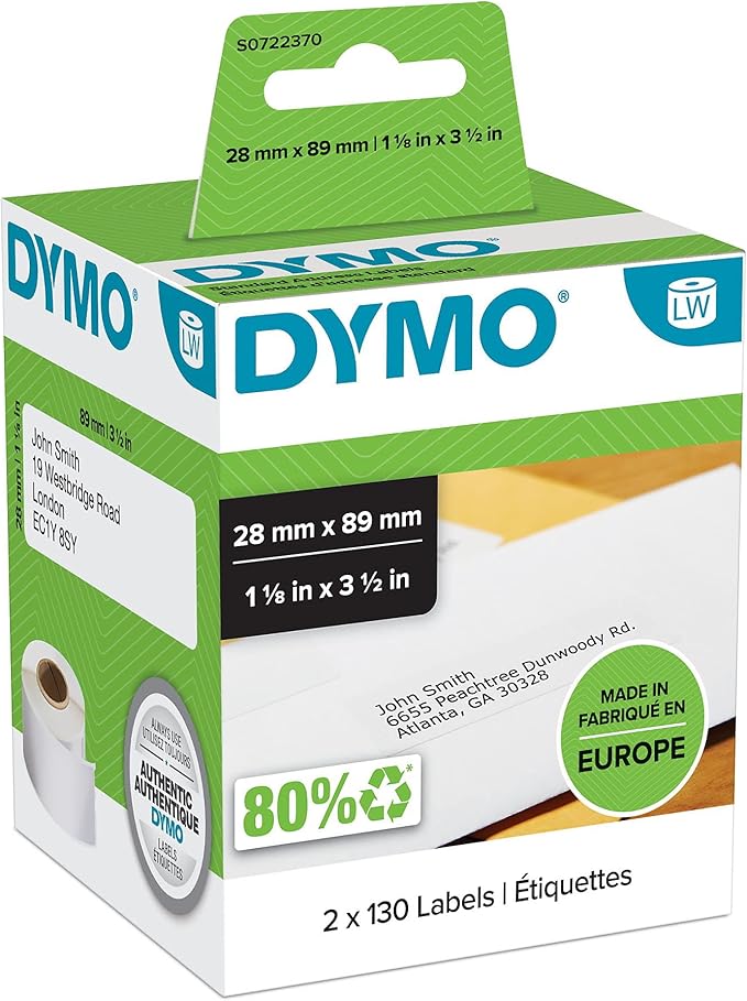 Dymo 28 mm x 89 mm LW Address Labels, 2 Roll of 130 Easy - Peel Labels, Self - Adhesive, for LabelWriter Label Makers, Authentic - Black on White | Address Labels - TrueDesk