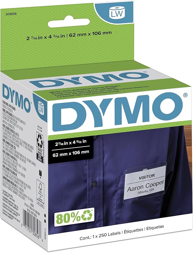 DYMO 30856 LW Non - Adhesive Name Badge Labels for LabelWriter Label Printers, White, 2 - 7/16'' x 4 - 3/16'', 1 Roll of 250 | Laser Inkjet Printer Labels - TrueDesk