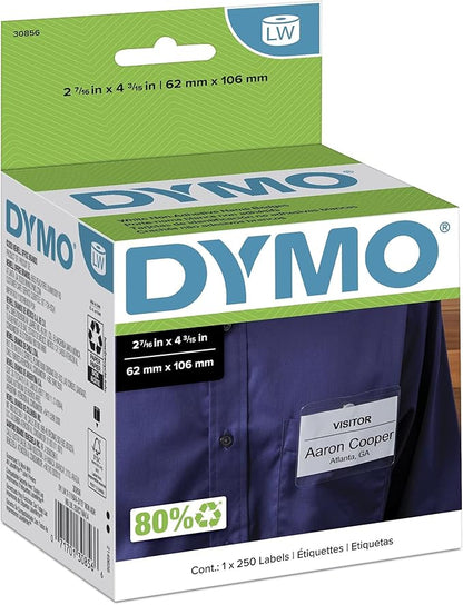 DYMO 30856 LW Non - Adhesive Name Badge Labels for LabelWriter Label Printers, White, 2 - 7/16'' x 4 - 3/16'', 1 Roll of 250 | Laser Inkjet Printer Labels - TrueDesk