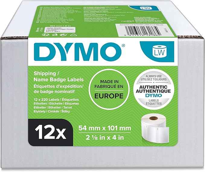 Dymo 54 mm x 101 mm LW Large Shipping Labels/Name Badges, 12 Rolls of 220 (2,640 Easy - Peel Labels), Self - Adhesive, for LabelWriter Label Makers, Authentic - Black, White | Address Labels - TrueDesk