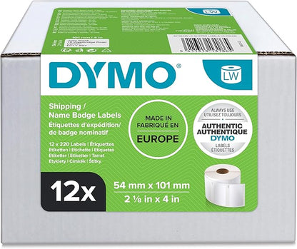 Dymo 54 mm x 101 mm LW Large Shipping Labels/Name Badges, 12 Rolls of 220 (2,640 Easy - Peel Labels), Self - Adhesive, for LabelWriter Label Makers, Authentic - Black, White | Address Labels - TrueDesk