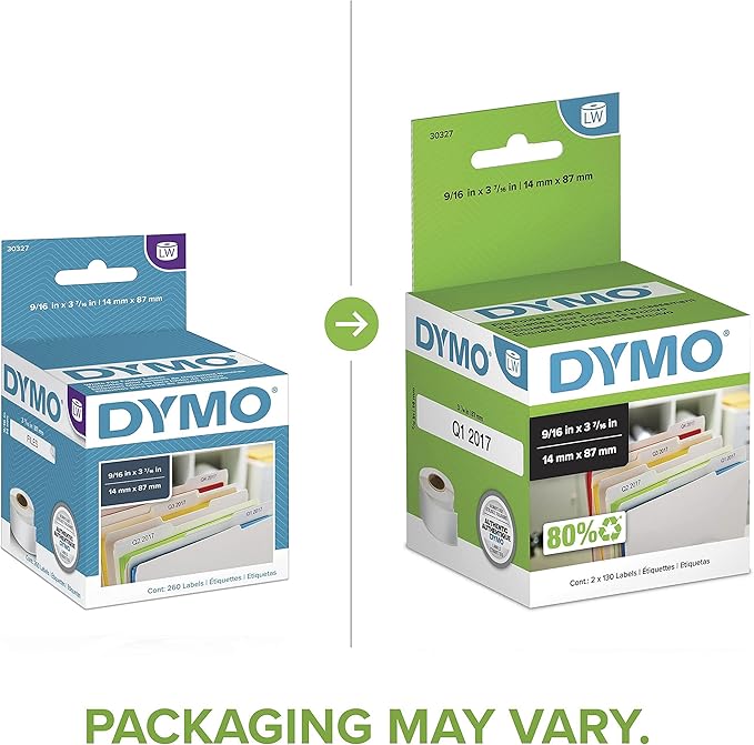 DYMO Authentic LW 1 - Up File Folder Labels DYMO Labels for LabelWriter Label Printers White 9/16" x 3 - 7/16" 2 Rolls of 130 (260 Total) | File Folder Labels - TrueDesk