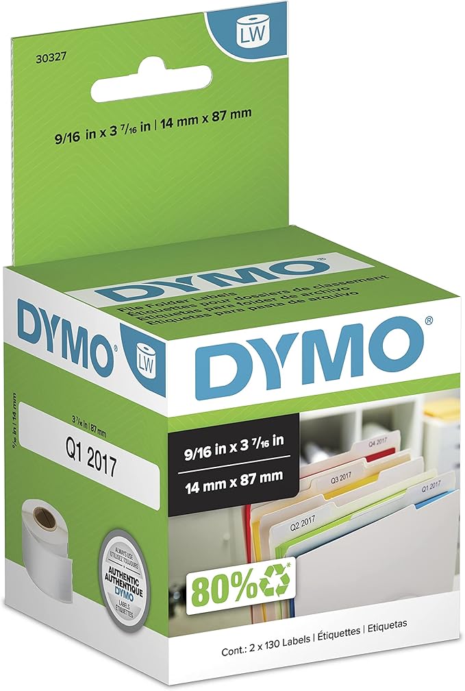 DYMO Authentic LW 1 - Up File Folder Labels DYMO Labels for LabelWriter Label Printers White 9/16" x 3 - 7/16" 2 Rolls of 130 (260 Total) | File Folder Labels - TrueDesk