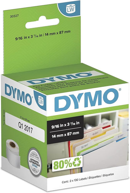 DYMO Authentic LW 1 - Up File Folder Labels DYMO Labels for LabelWriter Label Printers White 9/16" x 3 - 7/16" 2 Rolls of 130 (260 Total) | File Folder Labels - TrueDesk