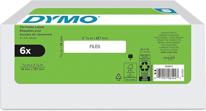 DYMO Authentic LW 1 - Up File Folder Labels for LabelWriter Label Printers, White, 9/16" x 3 - 7/16", 6 Rolls of 130 (780 Total) | Laser Inkjet Printer Labels - TrueDesk