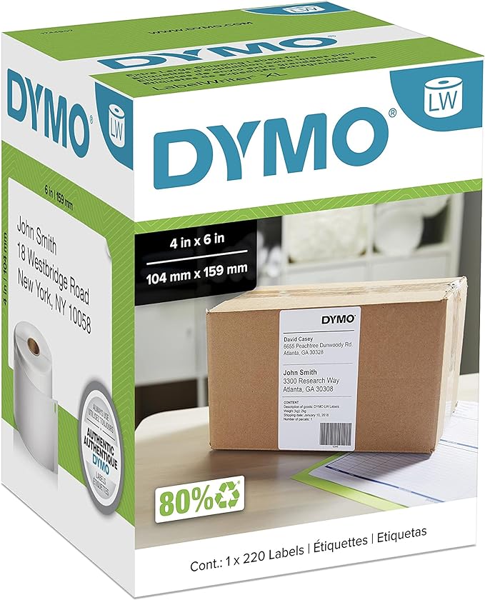 DYMO Authentic LW Extra - Large Shipping Labels DYMO Labels for LabelWriter 5XL and 4XL Label Printers Only White 4" x 6" 1 Roll of 220 | Laser Inkjet Printer Labels - TrueDesk