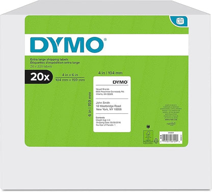 DYMO Authentic LW Extra - Large Shipping Labels for LabelWriter Label Printers, White, 4" x 6", 20 Rolls of 220 (4,400 Total) | Labeling Tapes - TrueDesk