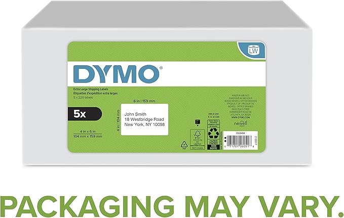 DYMO Authentic LW Extra - Large Shipping Labels for LabelWriter Label Printers, White, 4" x 6", 5 Rolls of 220 (1100 Total) | Laser Inkjet Printer Labels - TrueDesk