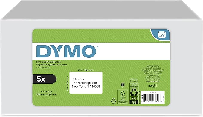DYMO Authentic LW Extra - Large Shipping Labels for LabelWriter Label Printers, White, 4" x 6", 5 Rolls of 220 (1100 Total) | Laser Inkjet Printer Labels - TrueDesk