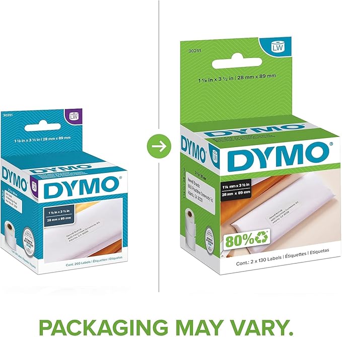 DYMO Authentic LW Mailing Address Labels | DYMO Labels for LabelWriter Label Printers (1 - 1/8" x 3 - 1/2"), 2 Rolls of 130 (260 Total) | Address Labels - TrueDesk