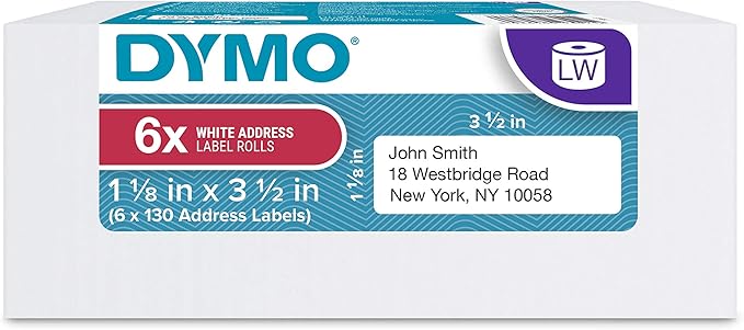 DYMO Authentic LW Mailing Address Labels | DYMO Labels for LabelWriter Label Printers (1 - 1/8" x 3 - 1/2"), 6 Rolls of 130 (780 Total) | Address Labels - TrueDesk