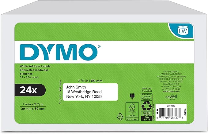 DYMO Authentic LW Mailing Address Labels DYMO Labels for LabelWriter Label Printers White 1 - 1/8" x 3 - 1/2" 24 Rolls of 350 (8400 Total) | Address Labels - TrueDesk