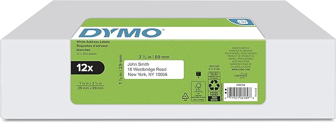 DYMO Authentic LW Mailing Address Labels for LabelWriter Label Printers, White, 1 - 1/8" x 3 - 1/2", 12 Rolls of 350 (4200 Total) | Address Labels - TrueDesk
