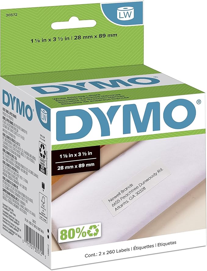 DYMO Authentic LW Mailing Address Labels for LabelWriter Label Printers, White, 1 - 1/8'' x 3 - 1/2'', 2 Rolls of 260 (30572) | Address Labels - TrueDesk