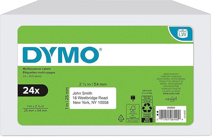 DYMO Authentic LW Multi - Purpose Labels for LabelWriter Label Printers, White, 1" x 2 - 1/8", 24 Rolls of 500 (12,000 Total) | All - Purpose Labels - TrueDesk