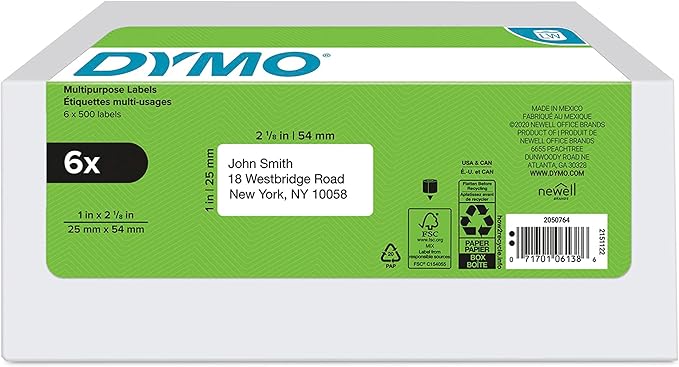 DYMO Authentic LW Multi - Purpose Labels for LabelWriter Label Printers, White, 1" x 2 - 1/8", 6 rolls of 500 (3000 Total) | All - Purpose Labels - TrueDesk