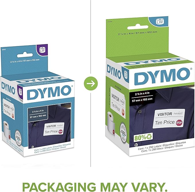 DYMO Authentic LW Name Badge Labels, 12 - Hour Expiration Notification Disks, White, 2 - 1/4" x 4", 1 Roll of 250 - for LabelWriter Label Printers | Laser Inkjet Printer Labels - TrueDesk