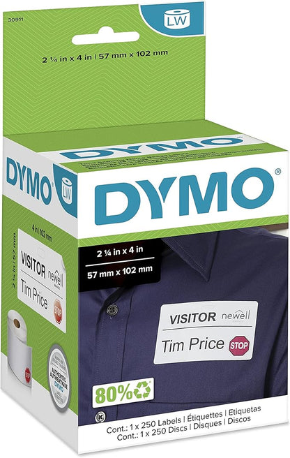 DYMO Authentic LW Name Badge Labels, 12 - Hour Expiration Notification Disks, White, 2 - 1/4" x 4", 1 Roll of 250 - for LabelWriter Label Printers | Laser Inkjet Printer Labels - TrueDesk